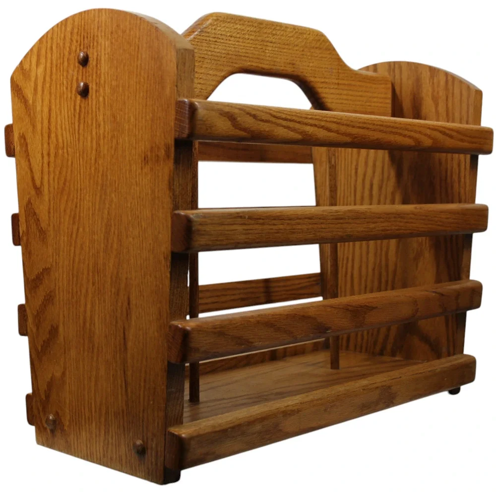 VTG Solid Blonde Oak Magazine Newspaper Floor Rack Basket Heavy Excellent Shape